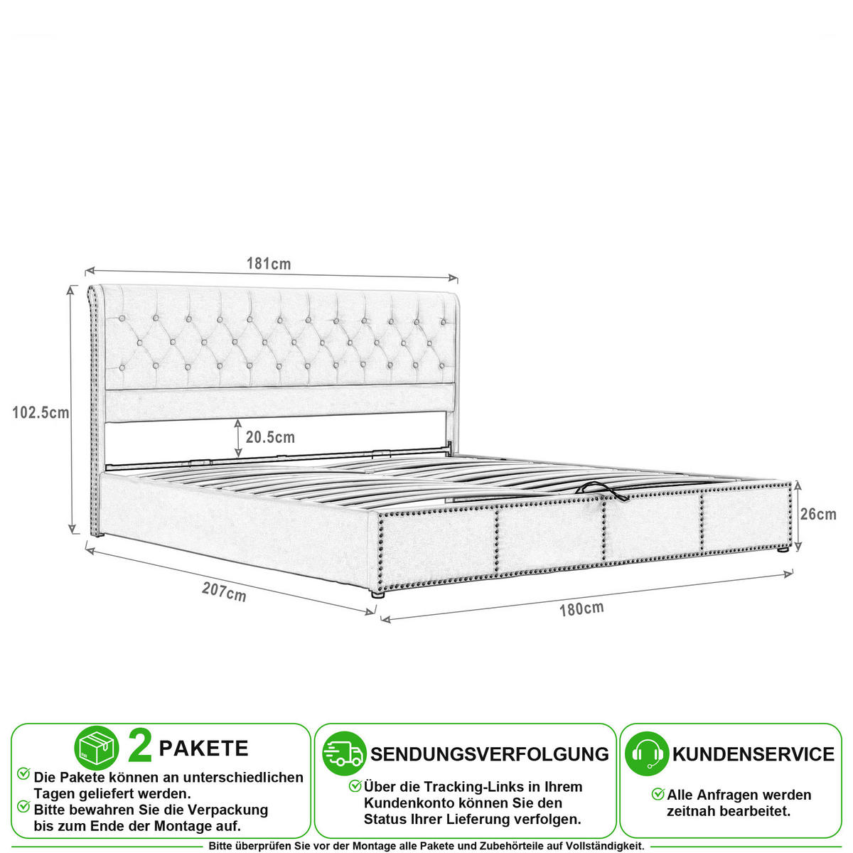 POLSTERBETT 180/200 cm in Grau mit Bettkasten und Nieten Samt - Grau, Holzwerkstoff/Textil (180/200cm) - CHICFURN