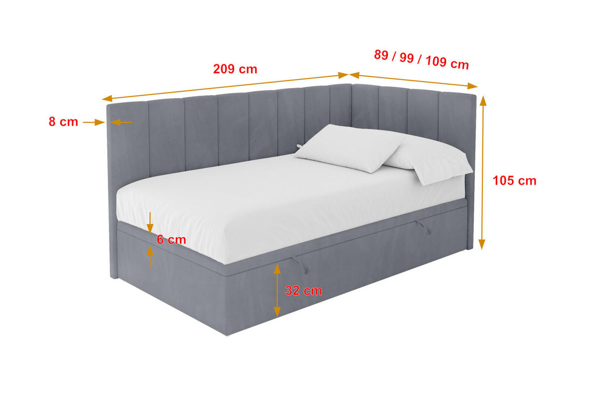 EINZELBETT Jugendbett mit Bettkasten Links, ohne Matratze - LOVY 90x200 Grau - Grau, Holzwerkstoff/Textil (90/200cm) - ALTDECOR