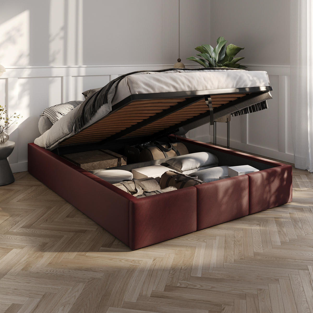 POLSTERBETT für Schlafzimmer Bett mit Stauraum Weinrot 140x200cm - Weinrot, Holzwerkstoff/Textil (160/200cm) - Muralo