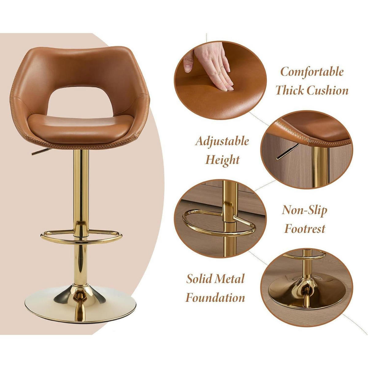 BARHOCKER 4er Set höhenverstellbar drehbar mit Rückenlehne und goldener Fußstütze, braun - Braun, Kunststoff (51/106.5/51cm)