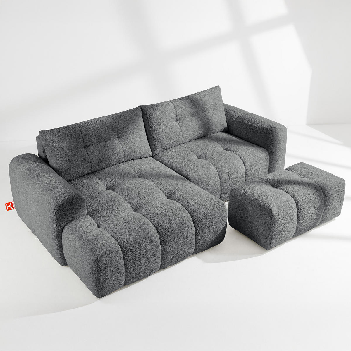 ECKSOFA MIT HOCKER RAVIA, Bouclé, Dunkelgrau - Dunkelgrau, Holz/Textil (96/50cm) - KONSIMO®