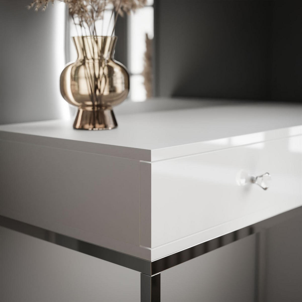 SCHMINKTISCH weiß QUINNIE GLAMOUR mit LED-Spiegel links Griff Kristall - Silberfarben/Weiß, Holzwerkstoff (100/176/42cm) - Lookway