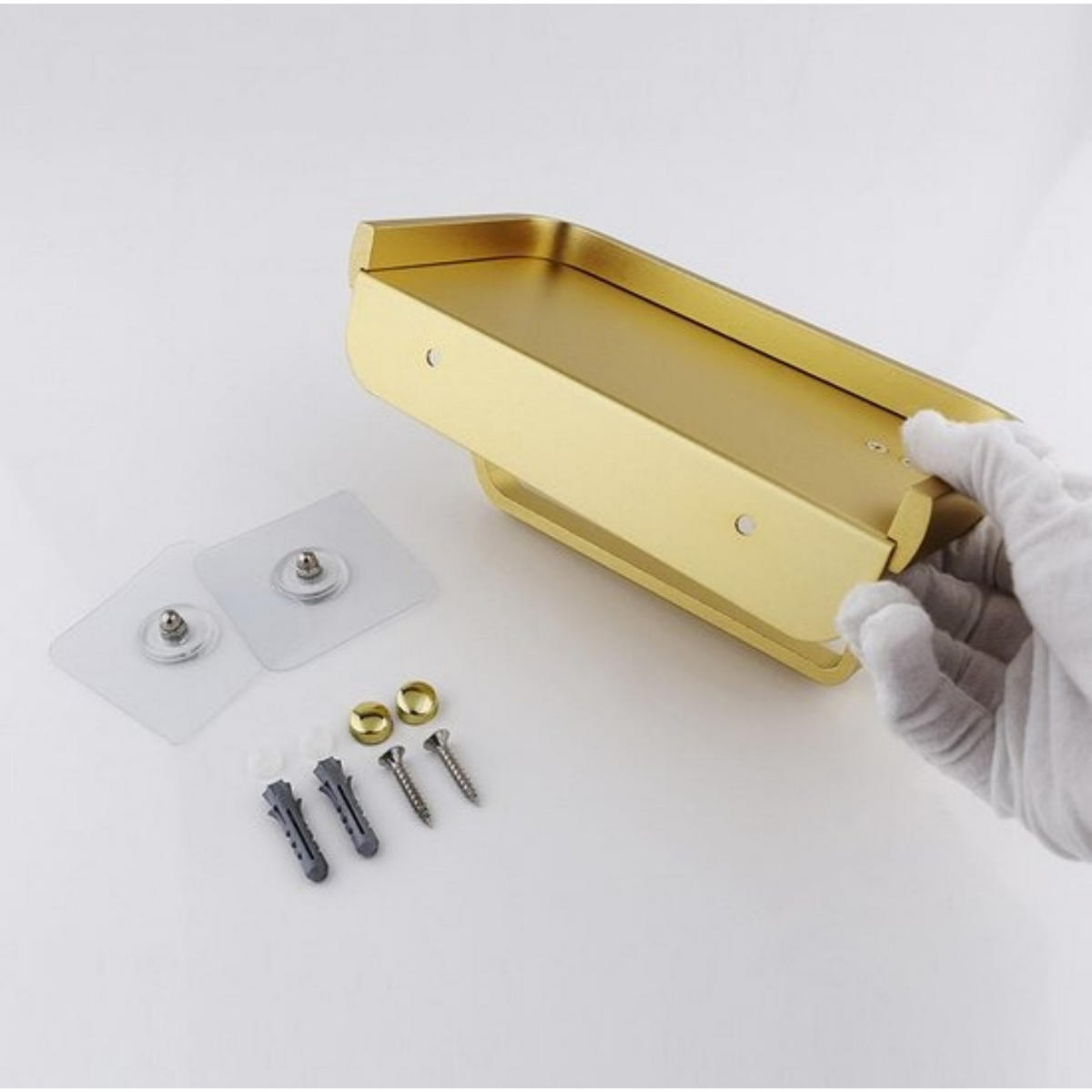 TOILETTENPAPIERHALTER Vergoldet doppellagig Aluminium 16,7 x 9,5 x 6,2 cm mit Ablage selbstklebend/Endkappen - Gelb, Metall (9.5/6.2/16.7cm) - MCBOSON