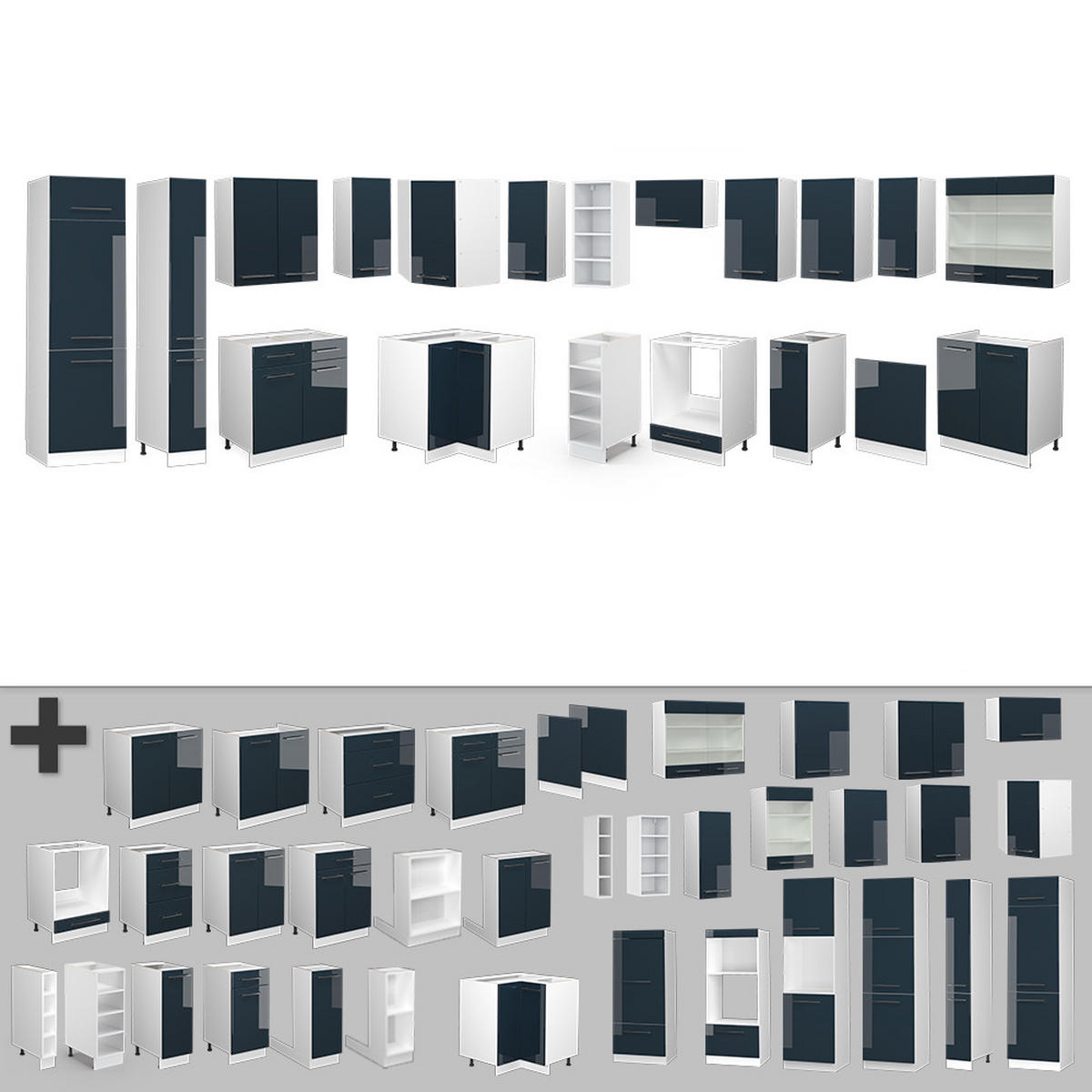 ECKKÜCHE Fame-Line Dunkelblau Hochglanz/Weiß 257 x 60 cm ohne AP - Dunkelblau/Weiß, Holzwerkstoff (347/81.6/46cm) - Vicco