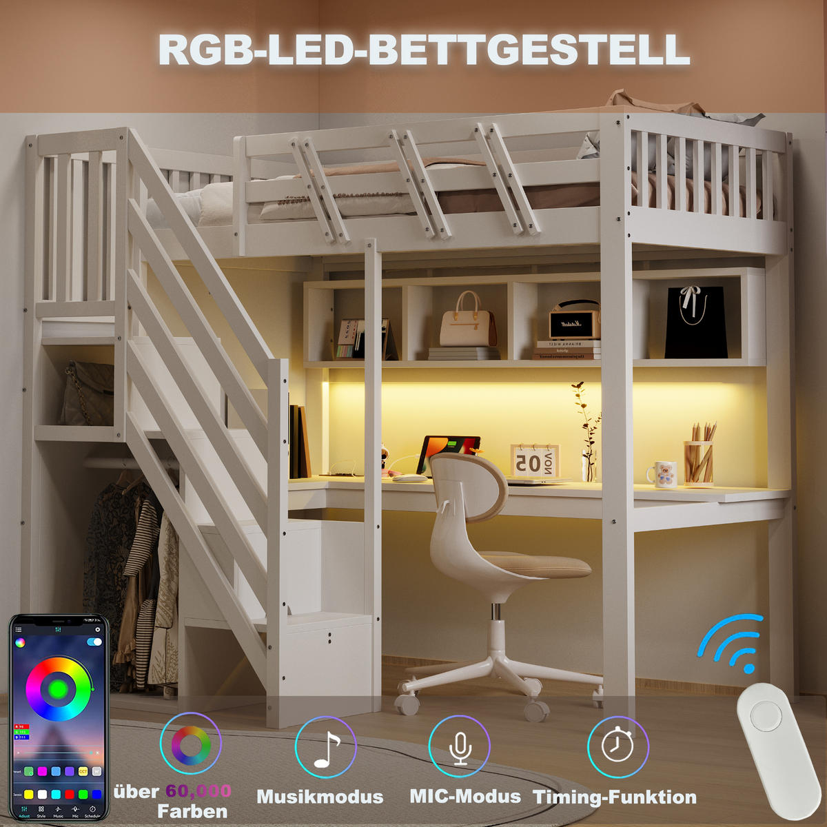 HOCHBETT 90/200 cm in Weiß Kinderbett mit Aufbewahrungstreppe, Schreibtisch, LED und Steckdosen - Weiß, Holz (90/200cm) - STILVORA