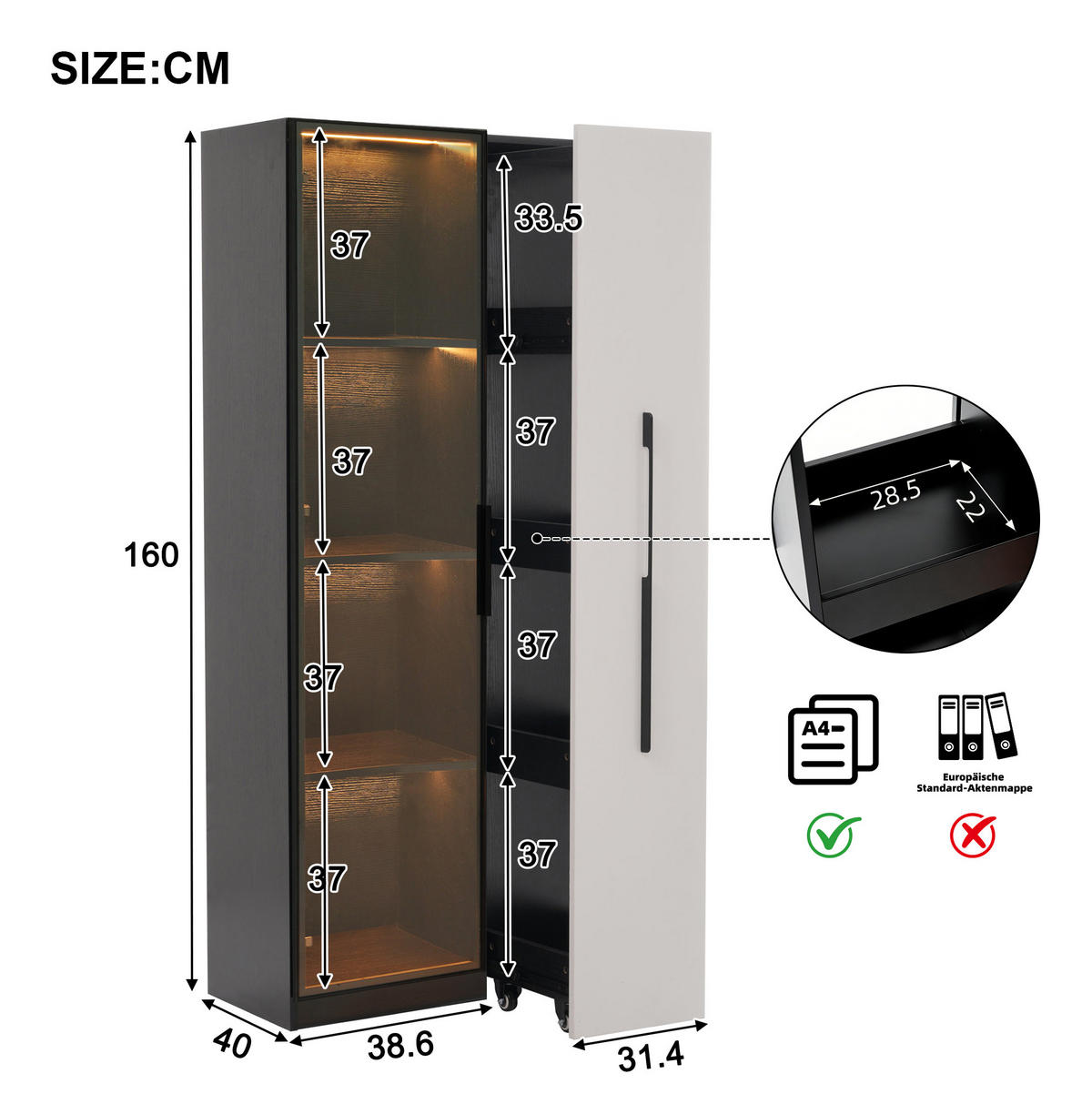 HIGHBOARD 70/40/160 cm in Schwarz/Weiß mit LED-Beleuchtung und seitlichem Auszug - Schwarz, Holzwerkstoff (70/160/40cm) - Flora Grace