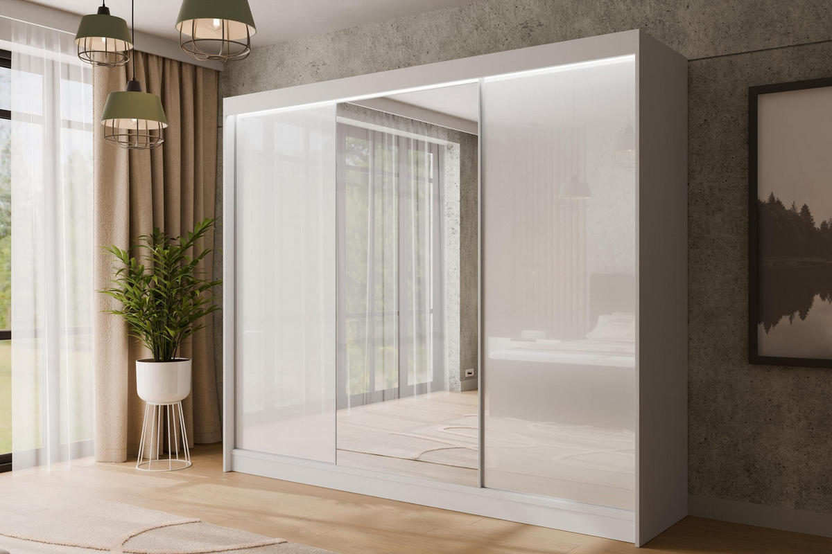 KLEIDERSCHRANK VESLI mit LED - 250 cm - Weiß - Weiß, Holzwerkstoff (250/215/61cm) - ALTDECOR