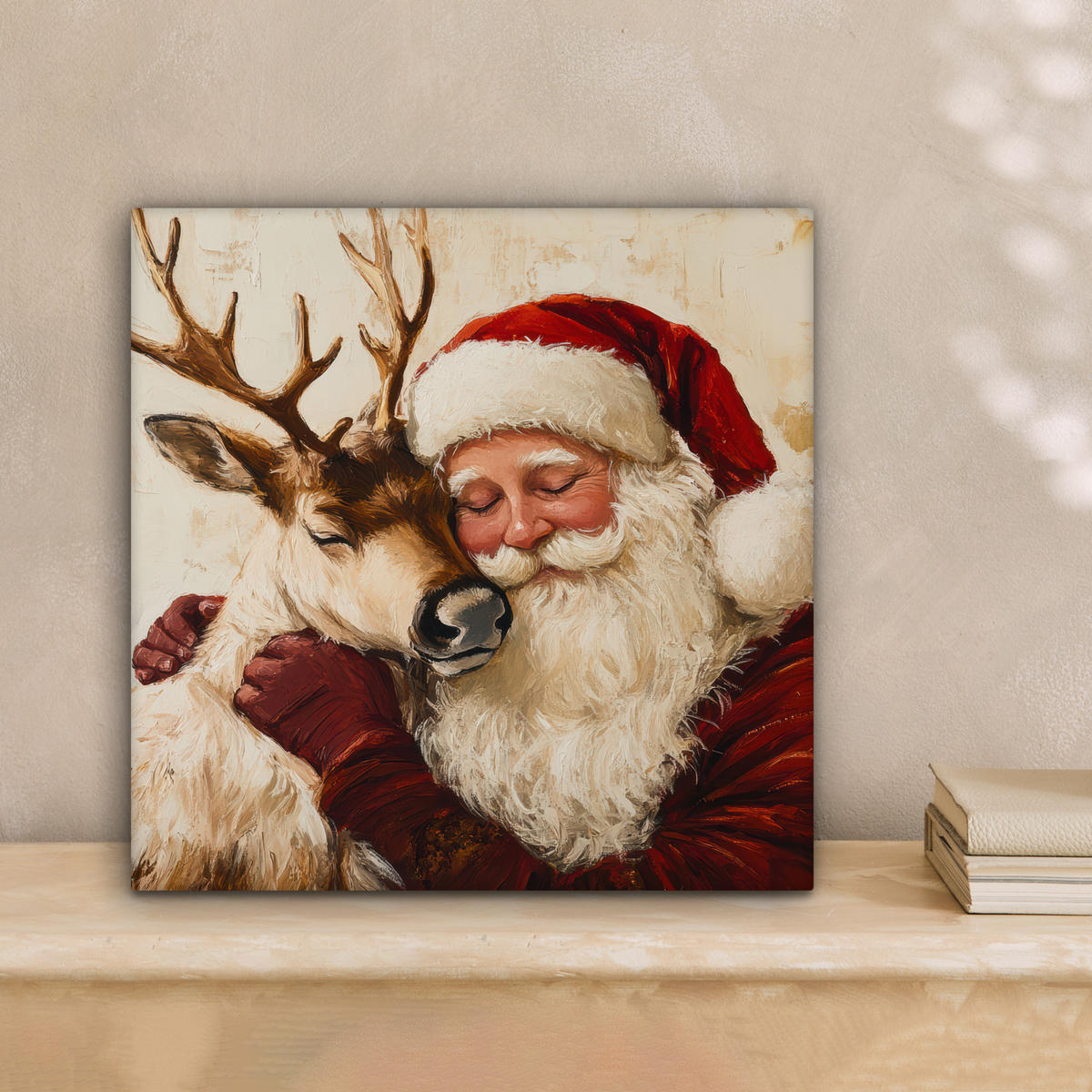 LEINWANDBILD Weihnachtsmann - Rentier - Weihnachten 20x20 cm - Rotbraun, Textil (20/20cm) - MuchoWow