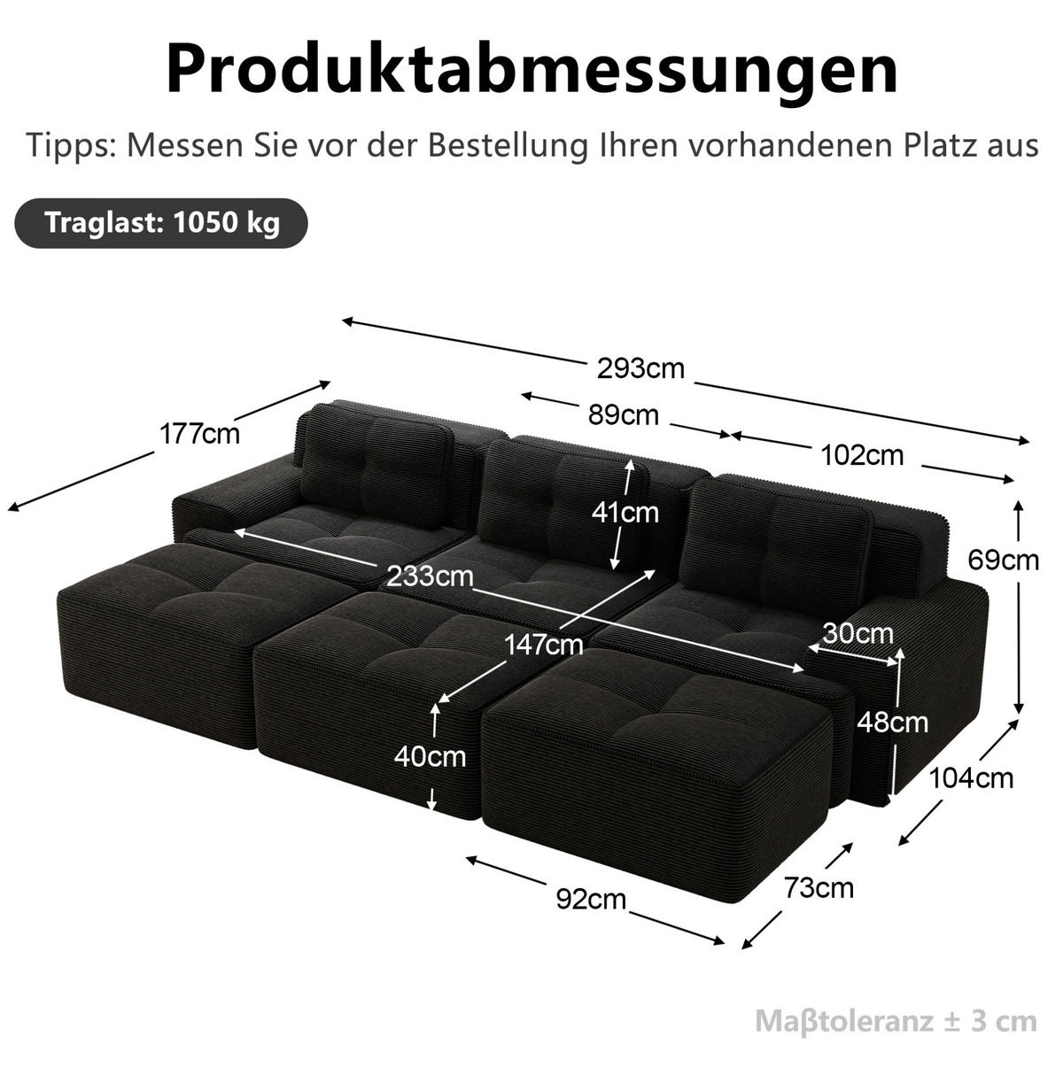 MODULARES Ecksofa aus Cord Schwarz 293x177x69 cm mit Schlaffunktion und variabler Anordnung - Schwarz, Textil (177/293cm) - IVMEU