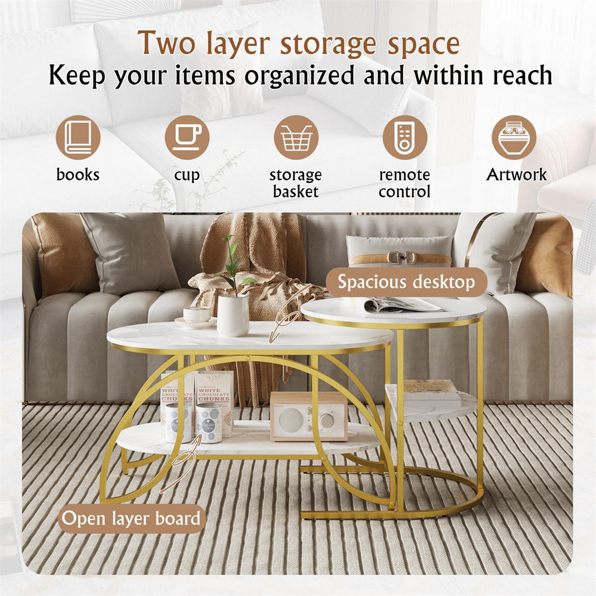 COUCHTISCH 2er-Set - Ovaler und Runder Beistelltisch mit Ablage in Marmoroptik - Weiß und Gold - Goldfarben, Holzwerkstoff (46/80/45cm) - DELFA