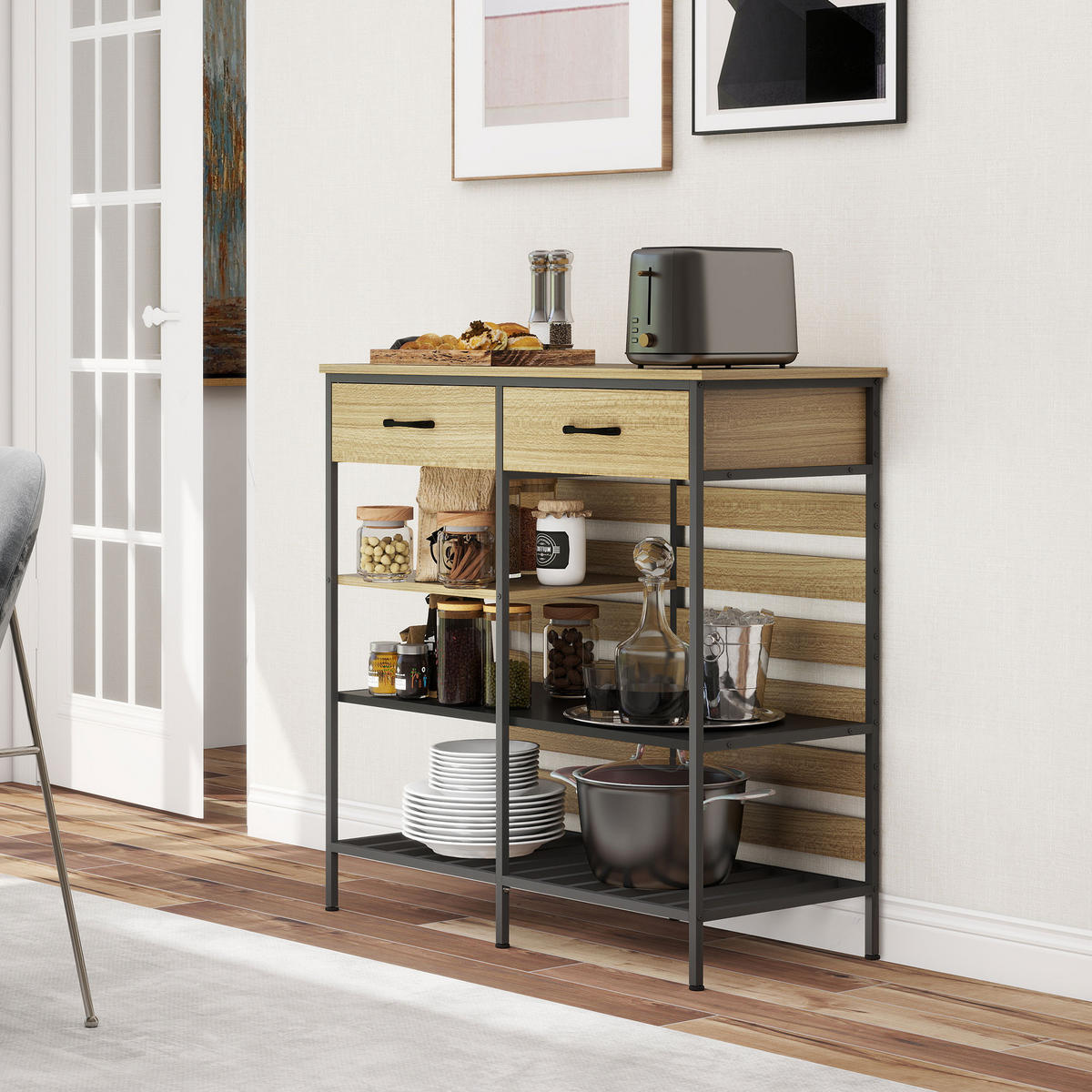 SIDEBOARD DE-11223 2 Schubladen & 3 offene Fächer Naturholz/Schwarz - Naturfarben, Holzwerkstoff (90/91/40cm) - ComfortXL