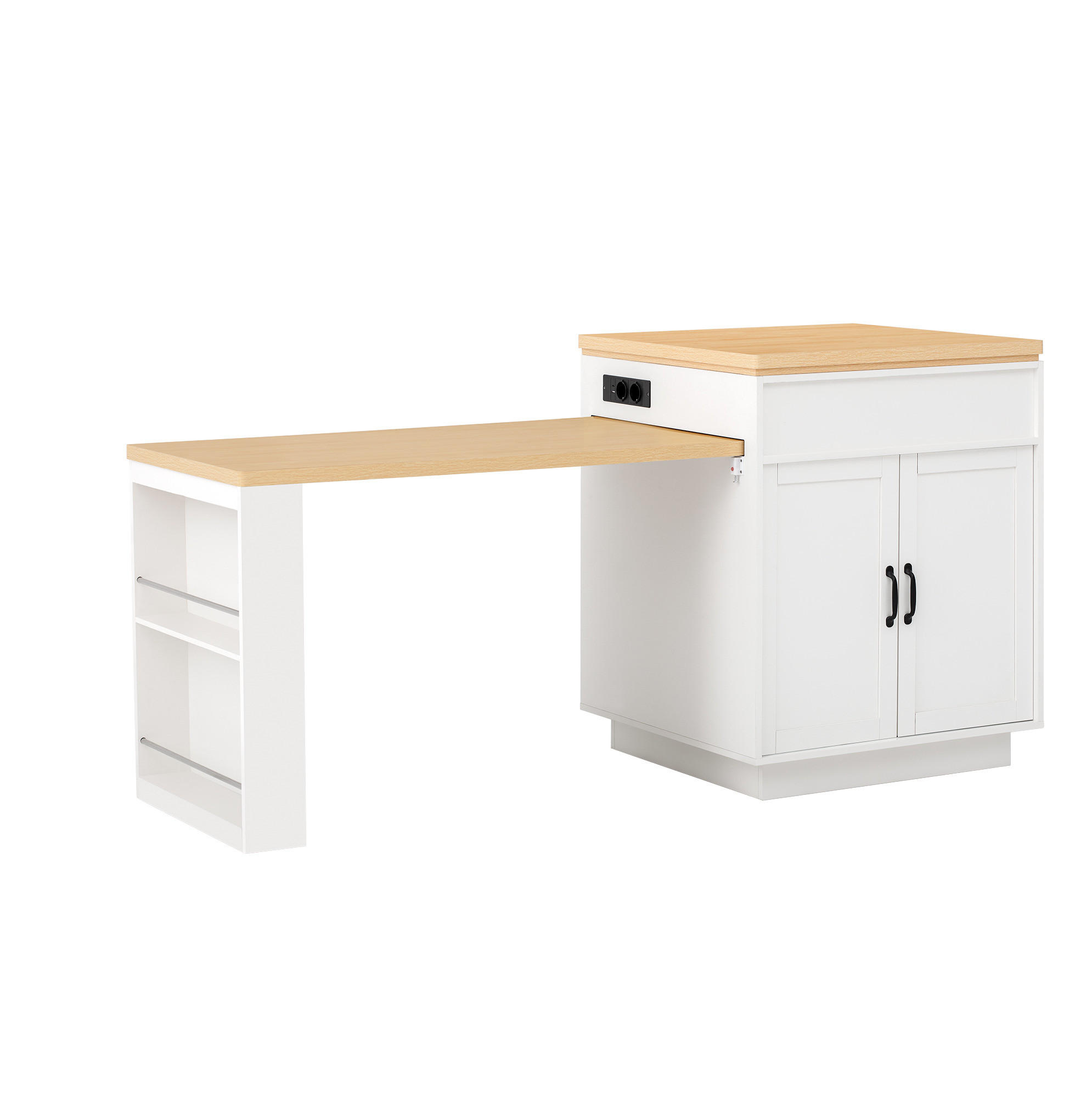 Modfu KUCHYŇSKÝ ostrůvek z MDF 125,5–187,5x71x93 cm bílý s výsuvným stolem, LED osvětlením, USB-C a úložným prostorem
