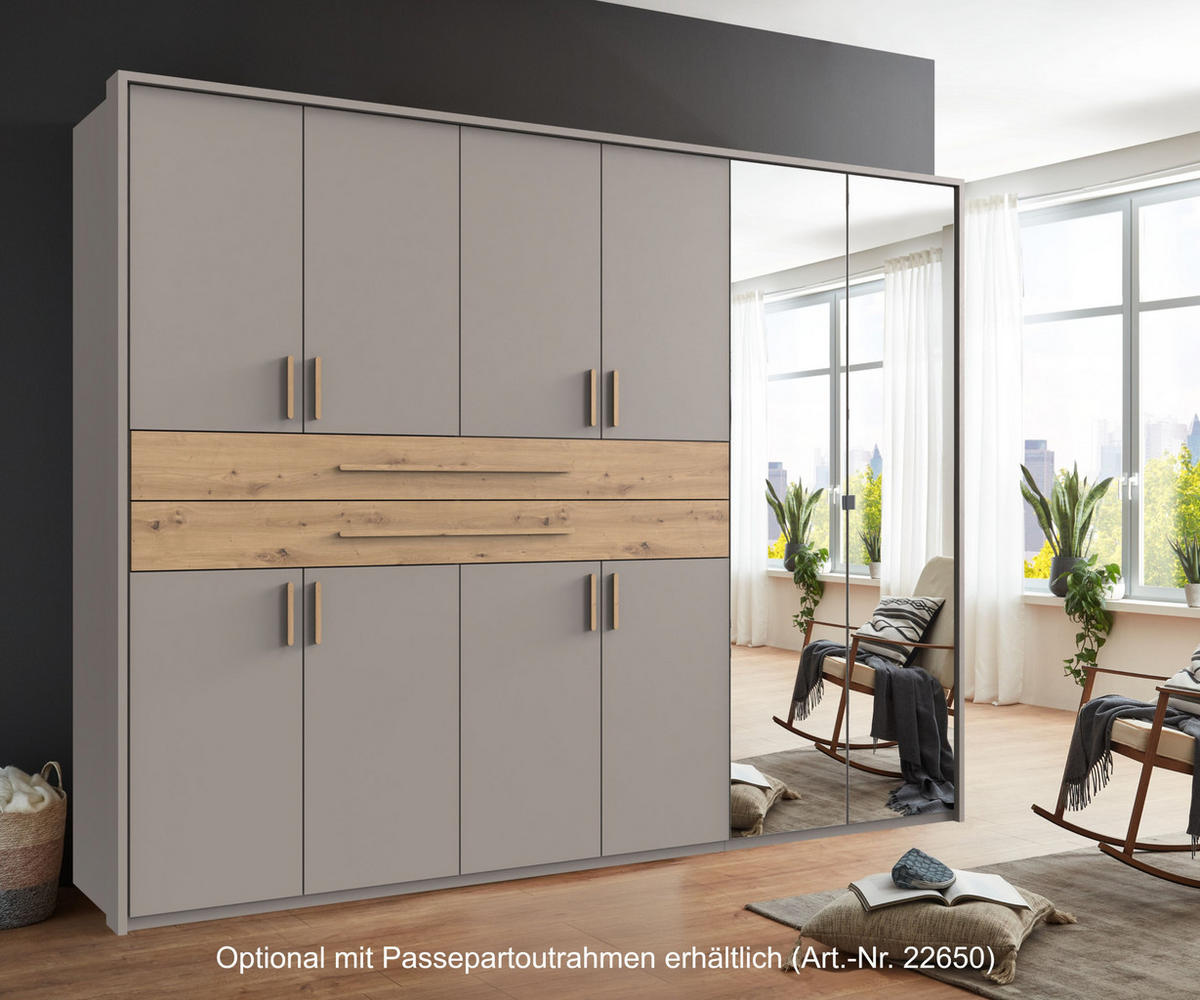 SKŘÍŇ S OTOČNÝMI DVEŘMI B270/H208/T58 cm, pískově šedá, šatní skříň se 2 zrcadlovými dveřmi, 2 zásuvkami a úchytkami v dekoru dub Artisan / 22647 - písková barva/dub artisan, kompozitní dřevo/plast (270/208/58cm) - luma-home