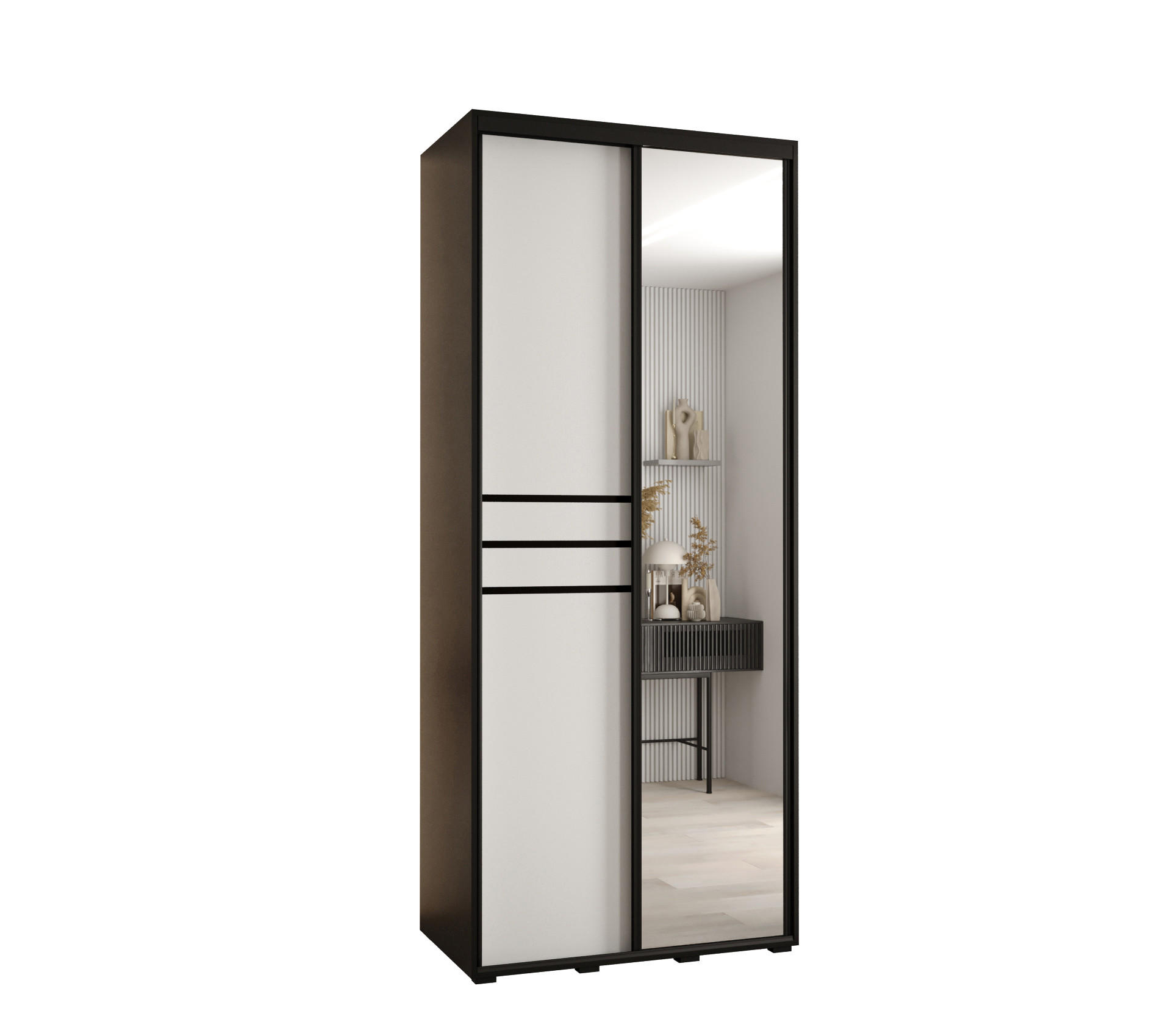 Abiks Möbel Schwebetürenschrank Schwarz, Weiß, Schwarz 100x235x60 cm