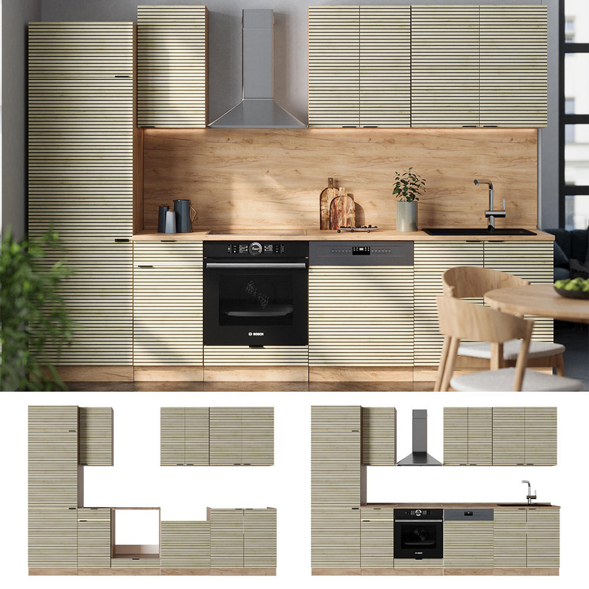 KÜCHENZEILE Fame-Line Eiche Paneel/Goldkraft Eiche 300 cm , AP Eiche - Honigeiche/Hellbraun, Holzwerkstoff (300/81.6/60cm) - Vicco