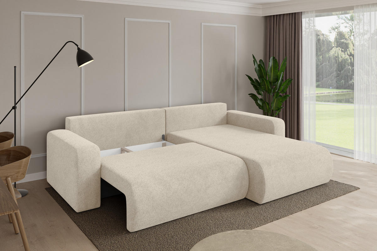 ROHOVÁ SEDAČKA s funkcí spaní, otoman vpravo BERY-L 276x193x88 krémová velur - černá/krémová, kompozitní dřevo/textil (276/193cm) - ALTDECOR
