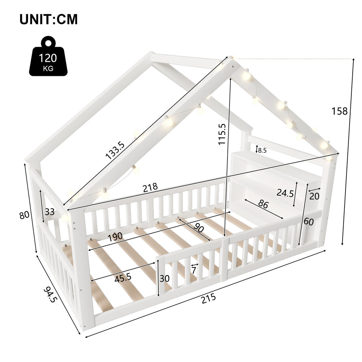 HAUSBETT 90/190 cm in Weiß mit Regal und LED im Cottage-Design - Weiß, Holzwerkstoff (90/190cm) - STILVORA