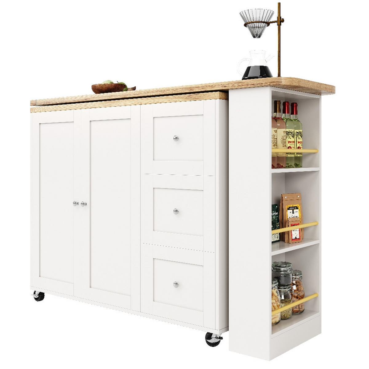 KÜCHENINSEL Stehtisch DREHBAR, Kücheninsel mit Rollen, 3 Schubladen, MDF Weiß, Küche und Wohnzimmer, 203/39/104 cm - Weiß, Kunststoff (39/106/203cm) - Rolipo