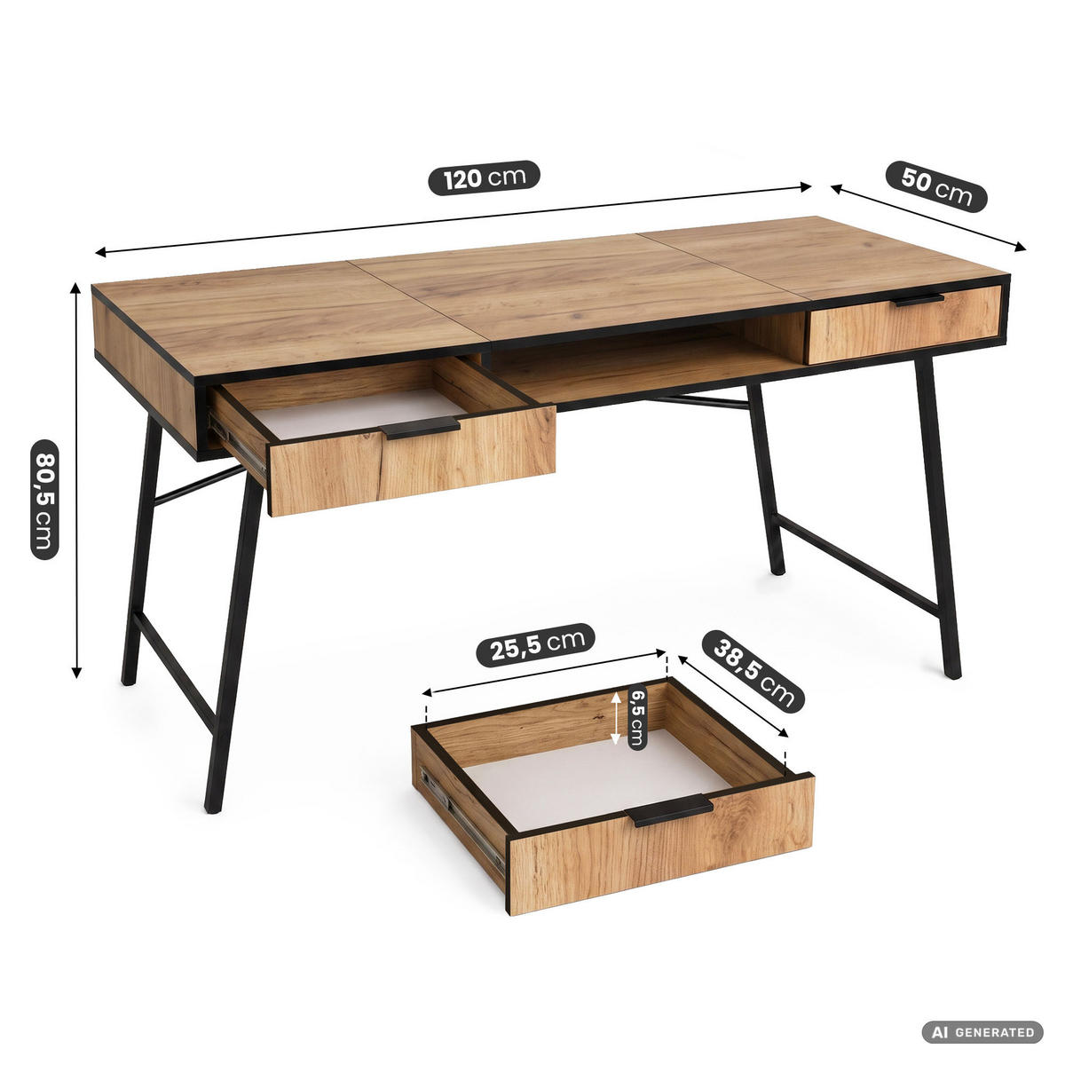 SCHREIBTISCH ARDEN 120 cm Craft Eiche - Eichefarben/Schwarz, Holzwerkstoff (120/50/80.5cm) - Akord