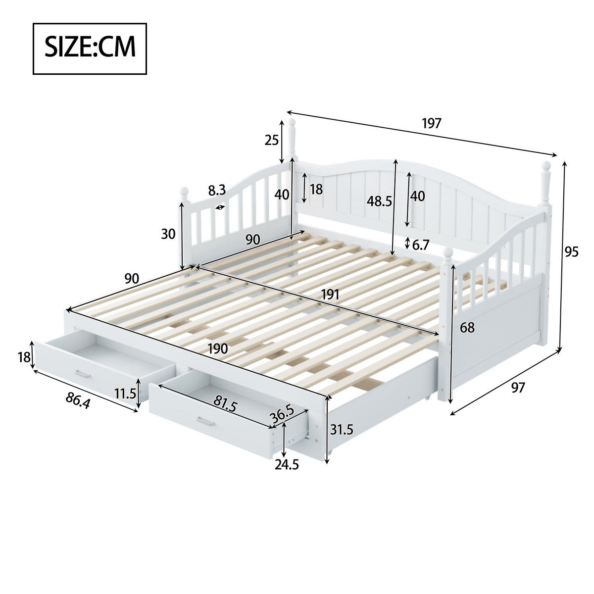 BETT Ausziehbares Schlafsofa 90/190 cm Weiß aus Massivholz mit Schubladen und Lattenrost - Weiß, Holzwerkstoff (90/190cm) - OKWISH