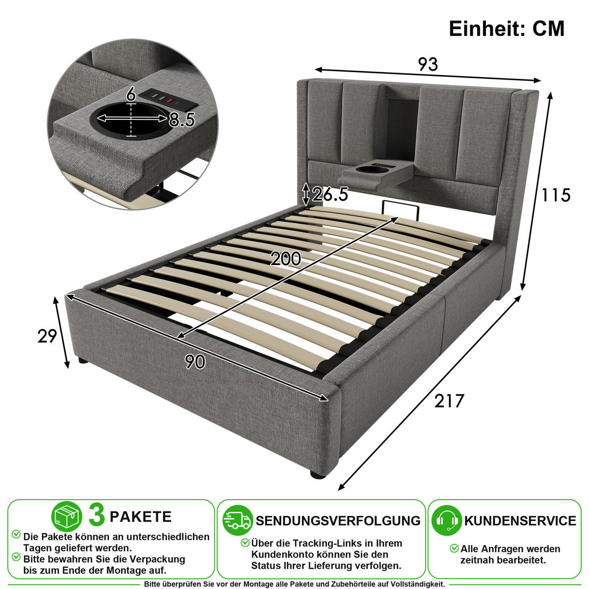 POLSTERBETT 90/200 cm in Grau Leinen mit Bettkasten, USB, Becherhalter und Matratze - Grau, Holzwerkstoff/Textil (90/200cm) - CHICFURN