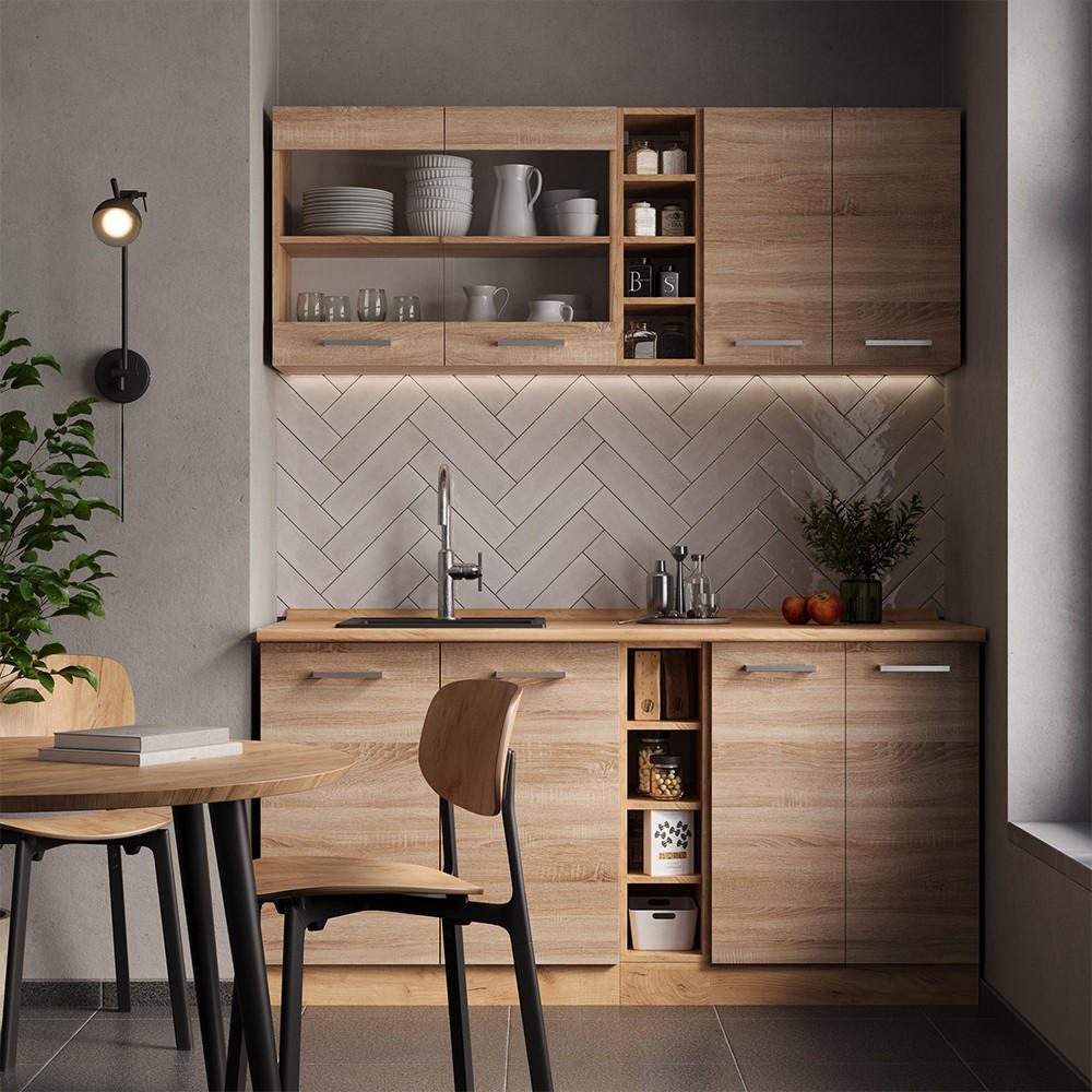 SINGLEKÜCHE R-Line Sonoma/Goldkraft Eiche 160 cm ohne Arbeitsplatte - Eiche Wotan/Sonoma Eiche, Holzwerkstoff (160/81.6/46cm) - Vicco