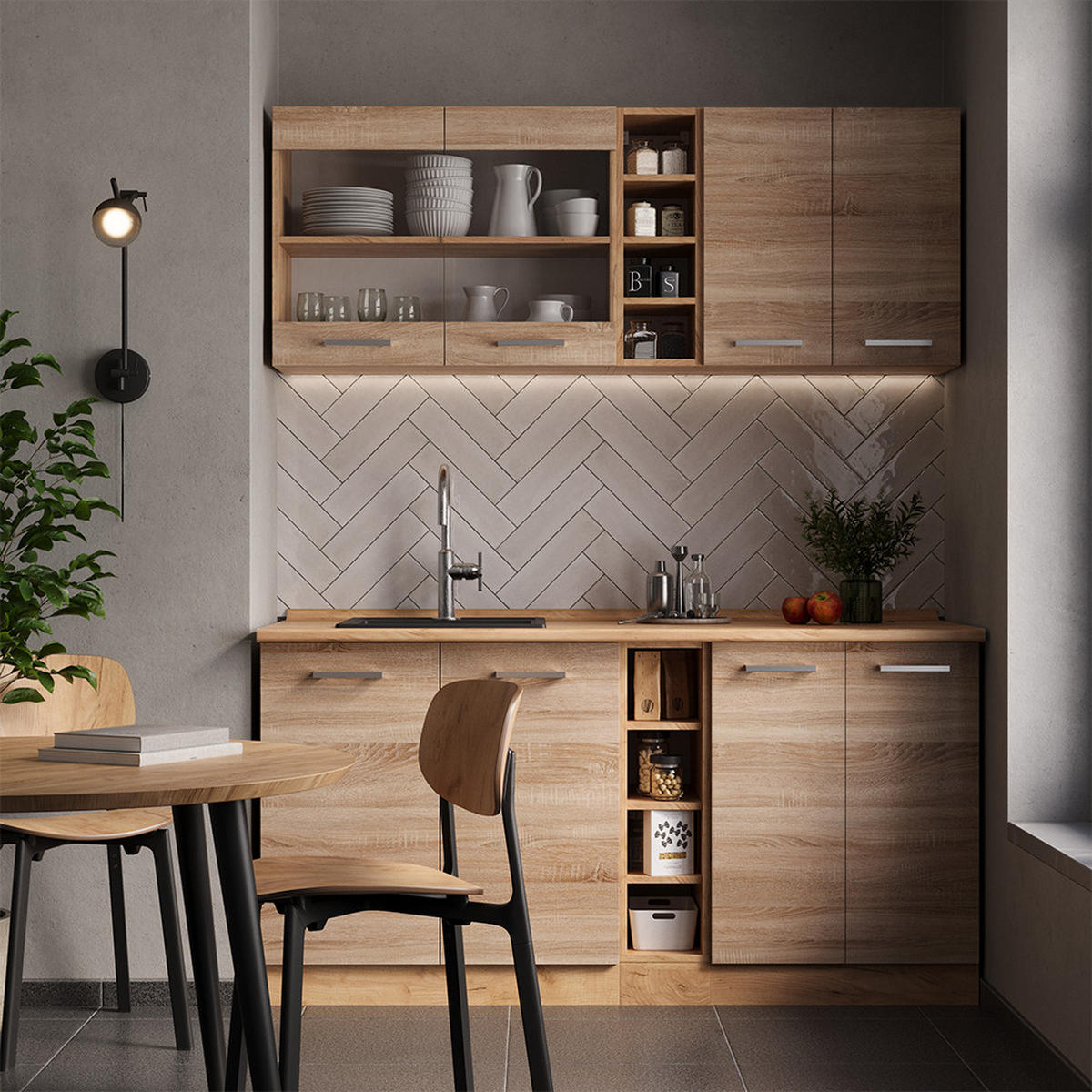 SINGLEKÜCHE R-Line Sonoma/Goldkraft Eiche 160 cm ohne Arbeitsplatte - Honigeiche/Sonoma Eiche, Holzwerkstoff (160/81.6/46cm) - Vicco