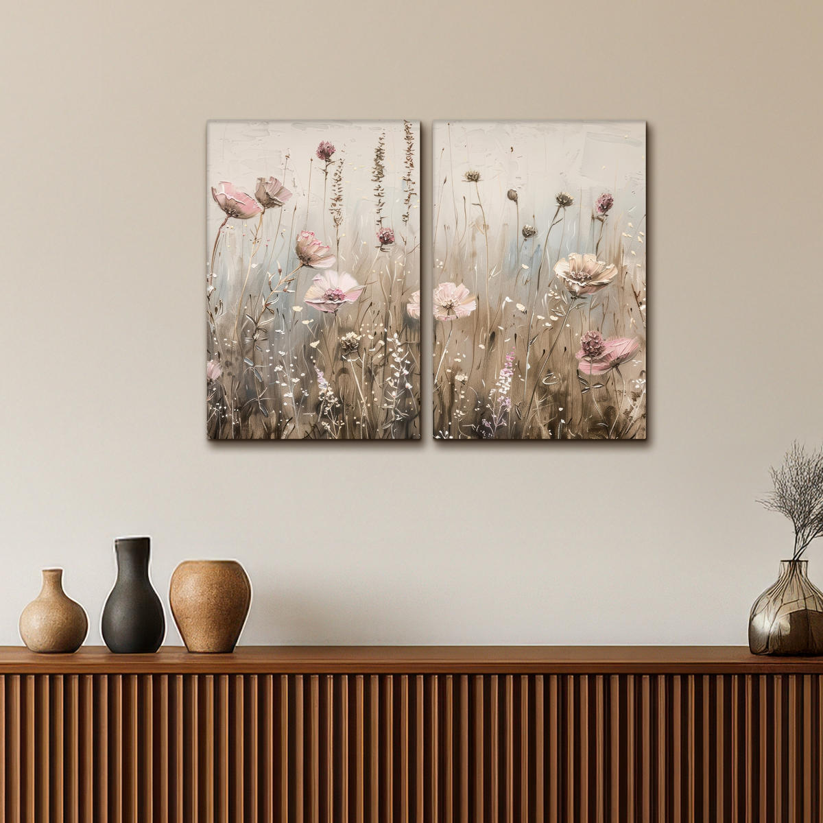 LEINWANDBILD 2er Set Blumen - Beige - Modern - Rosa 80x60 cm - Ecru, Textil (80/60cm) - MuchoWow