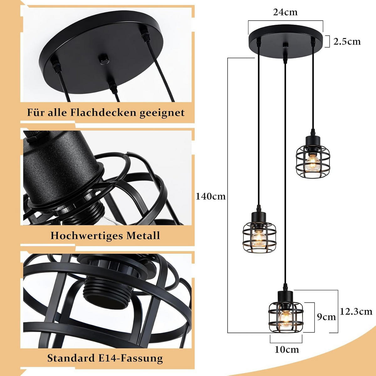 PENDELLEUCHTE BARNETT Ⅲ 24/24/140 cm - Schwarz, Metall (24/24/140cm) - Nettlife