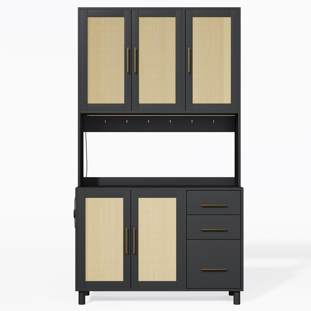 KUCHYŇSKÁ Skříň na nádobí 183 cm, MDF, černá, s LED osvětlením, USB a zásuvkami - černá, kompozitní dřevo (100/183/40cm) - BEAOK