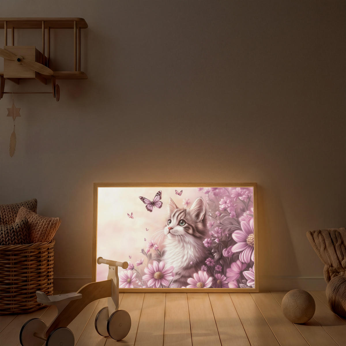 NACHTTISCHLAMPE MIT AKKU Kätzchen - Blumen - Schmetterlinge - Lila 100x70 cm - Altrosa, Holzwerkstoff (8/100/70cm) - OnlyWow