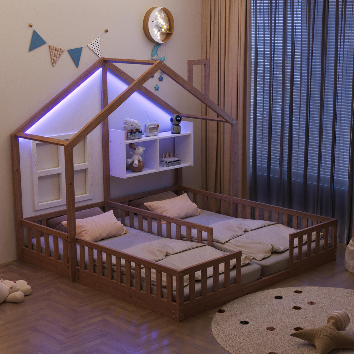 HAUSBETT 90/200 cm natur aus Massivholz und MDF mit LED und Sicherheitsgitter - Naturfarben, Holz (90/200cm) - OKWISH