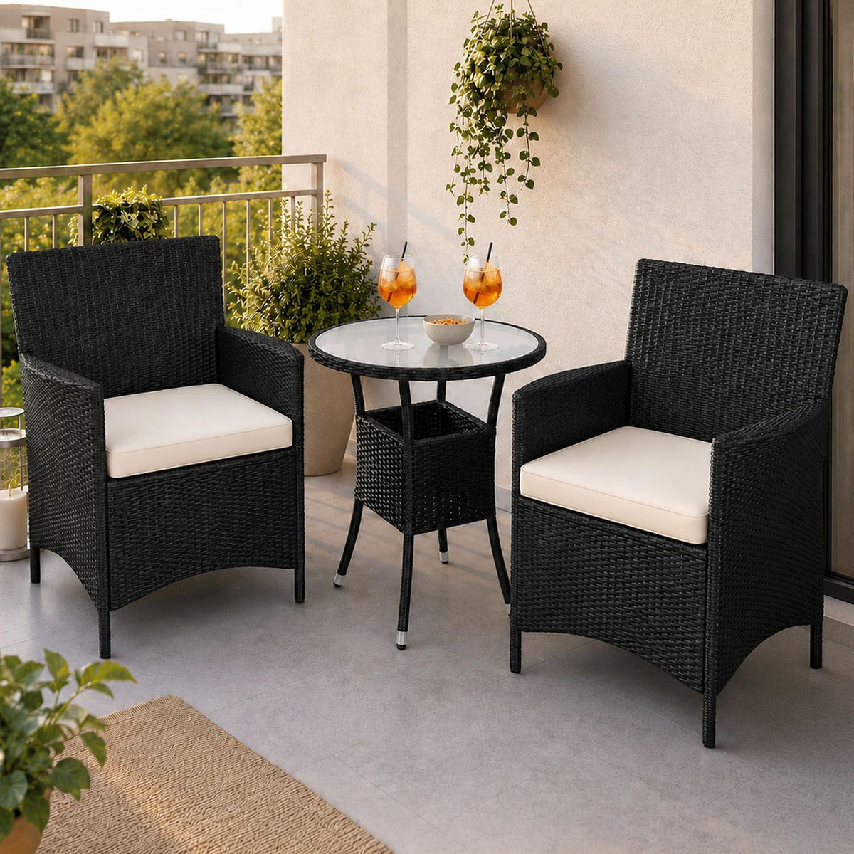 BALKON-SET Bayamo Polyrattan schwarz/beige (3-tlg.) - Schwarz, Kunststoff - Juskys