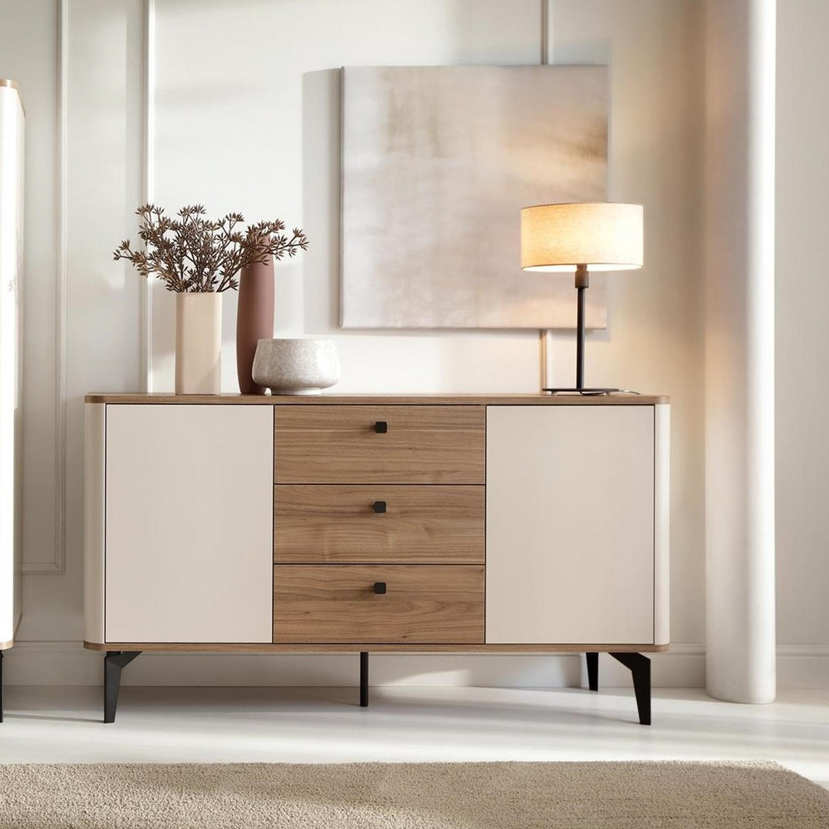SIDEBOARD Aurena Kaschmir und Walnuss, Kommode mit 3 Schubladen und 2 Türen - Beige/Schwarz, Holzwerkstoff/Metall (88/81/40cm) - Bettso