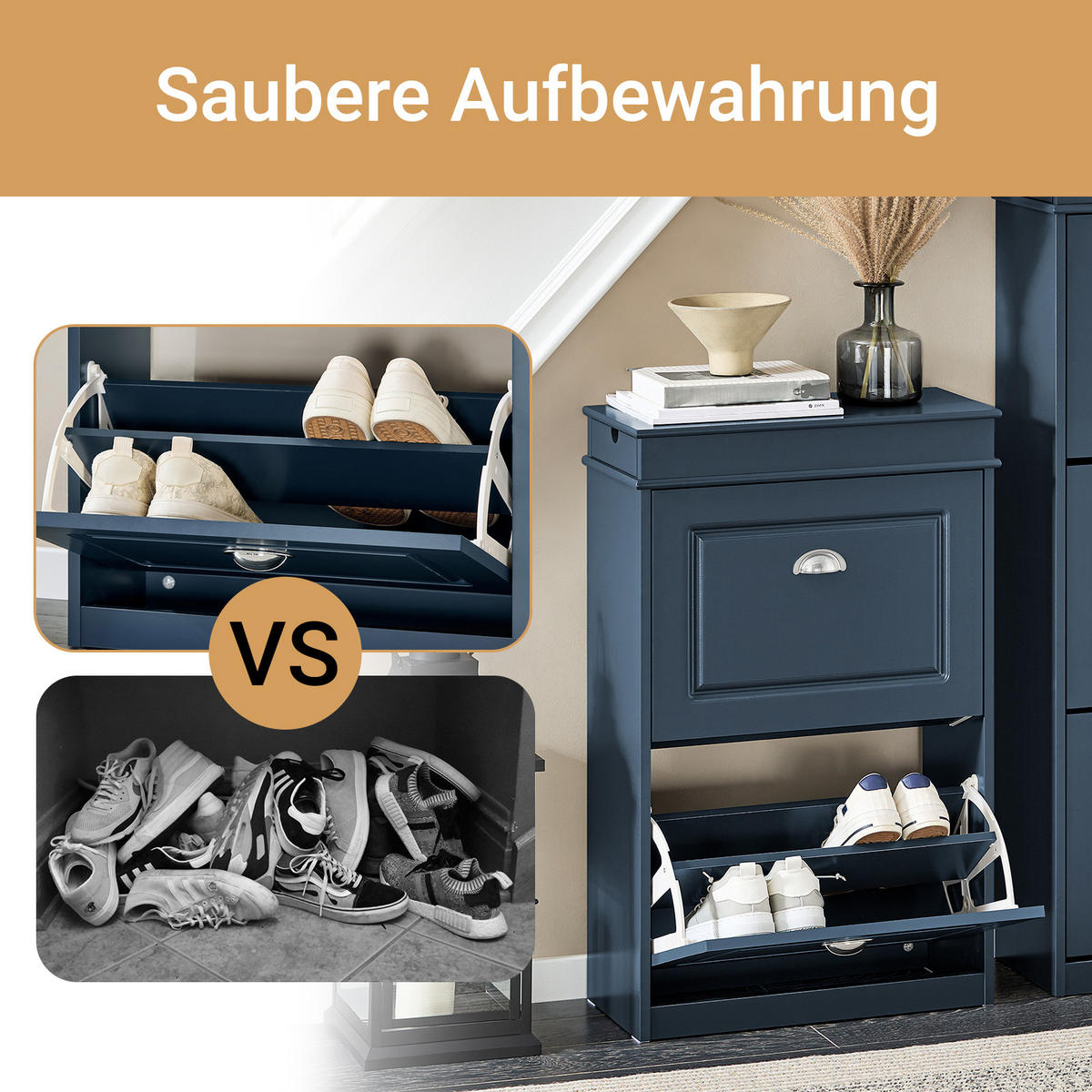 SCHUHSCHRANK mit 2 Klappen Blau 54x82x24cm - Blau, Holzwerkstoff (55/83/24cm) - SoBuy