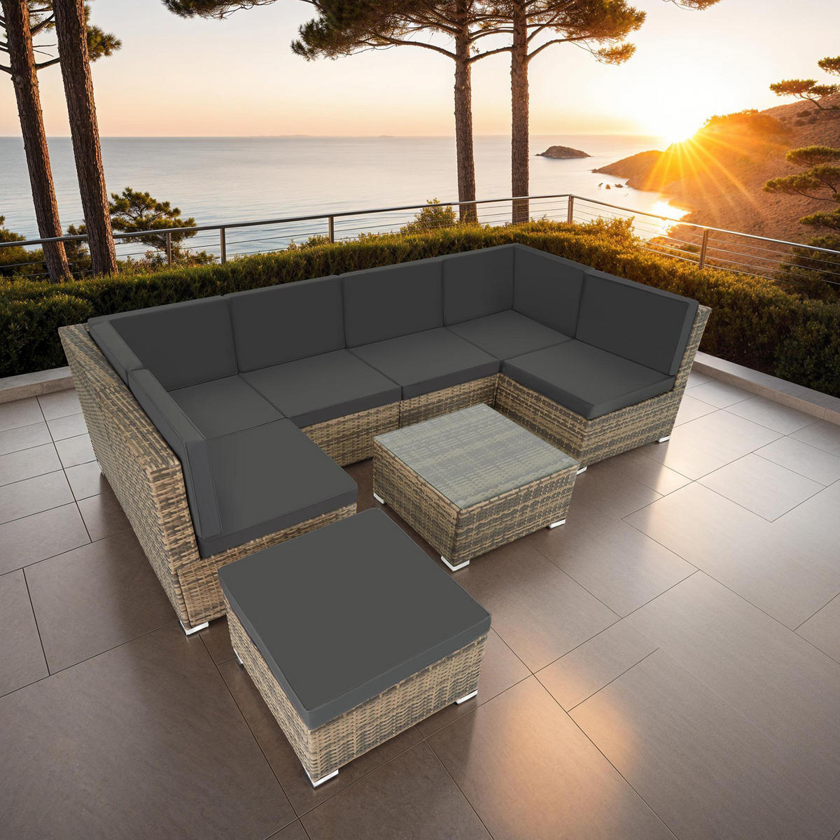 RATTANLOUNGE Venedig,mit Sicherheitsglasplatte,natur - Naturfarben, Kunststoff - tectake
