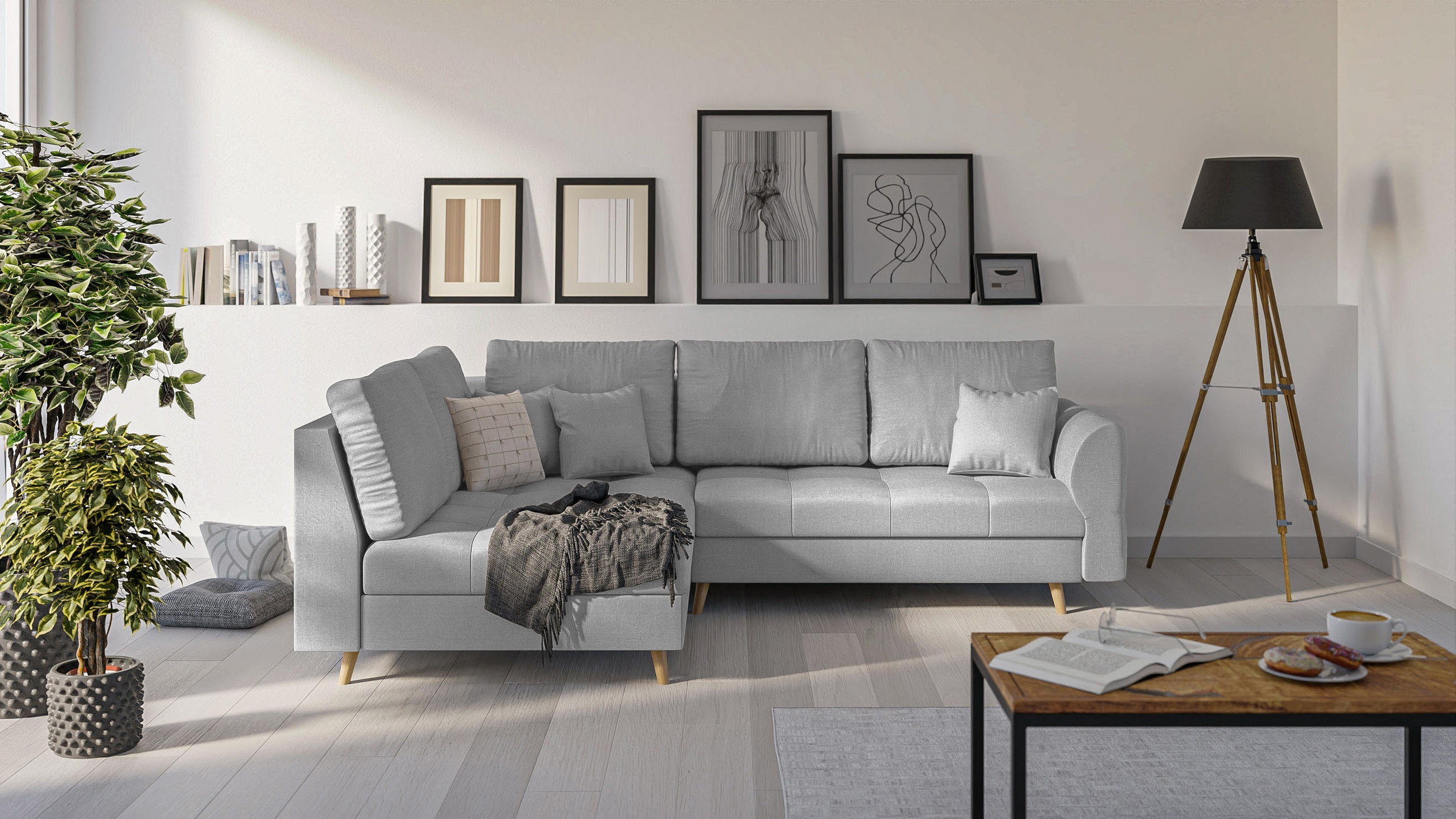 ECKSOFA Lorine Mikrofaser Grau - Hellbraun/Dunkelblau, Buchenholz/Textil (231/161cm) - S-Style Möbel