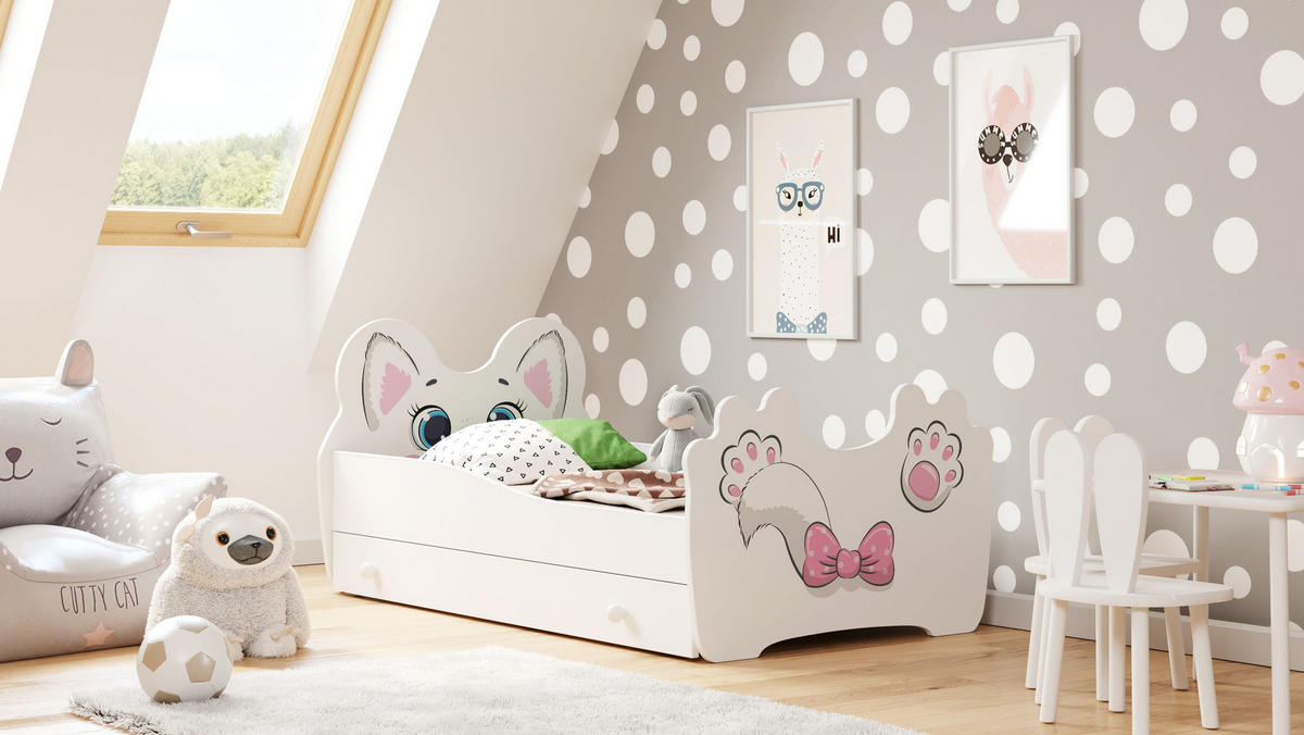 KINDERBETT Pink Cat mit Schublade und Matratze - Weiß, Holzwerkstoff (70/140cm) - Kids Collective
