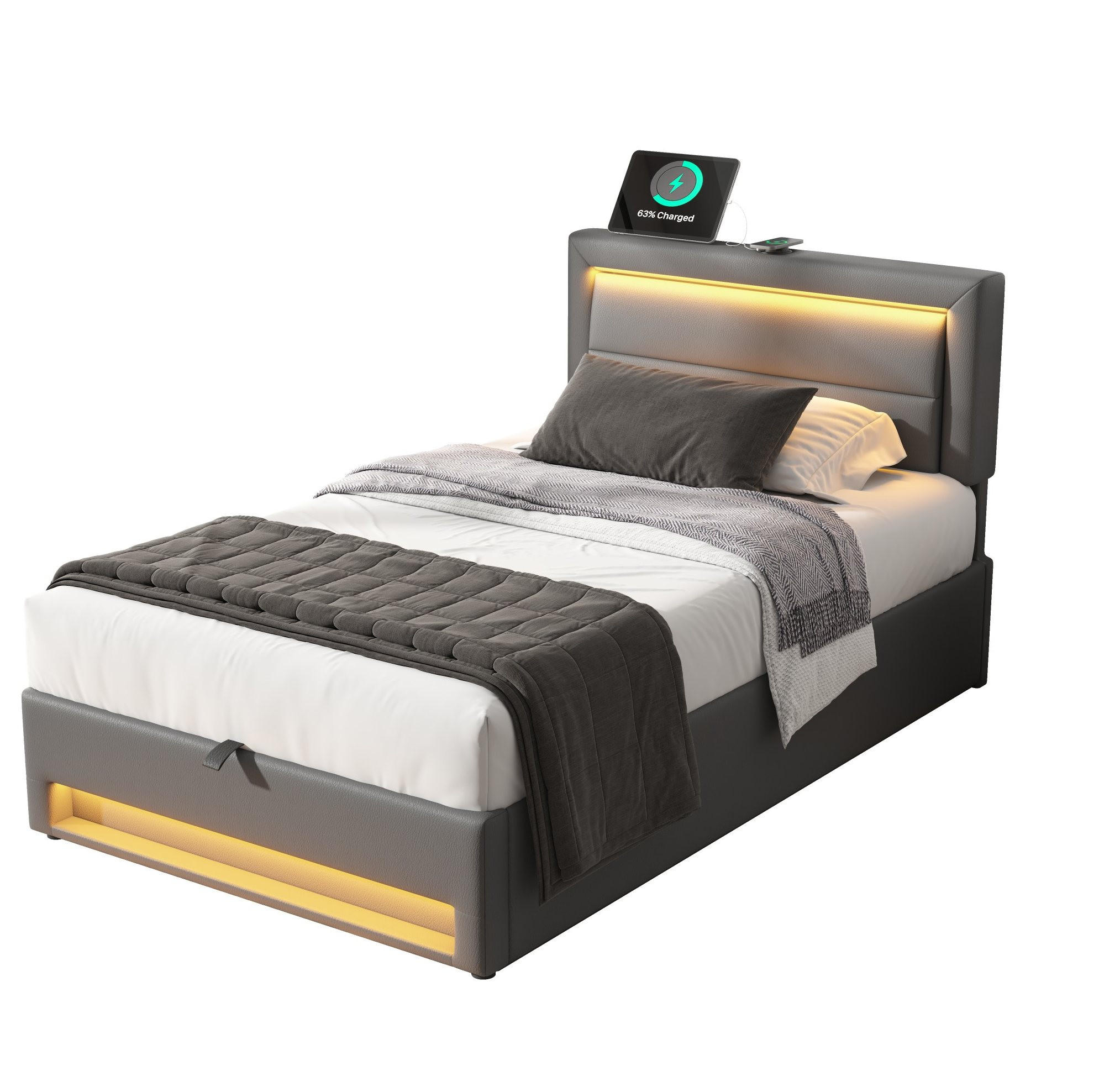 OKWISH ČALOUNĚNÁ postel 90/190 cm šedá z PU s LED osvětlením USB nabíjením a úložným prostorem