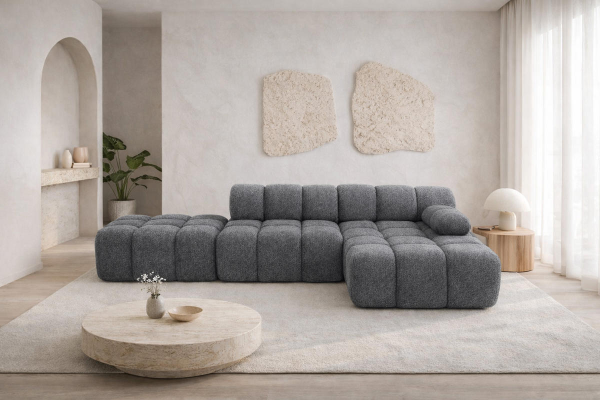 ECKSOFA L-Form Modular Mit Hocker, Bouclé-Stoff Abriamo, Dunkelgrau, Rechts, Selia - Dunkelgrau, Holz (285/160cm) - Kaiser Möbel