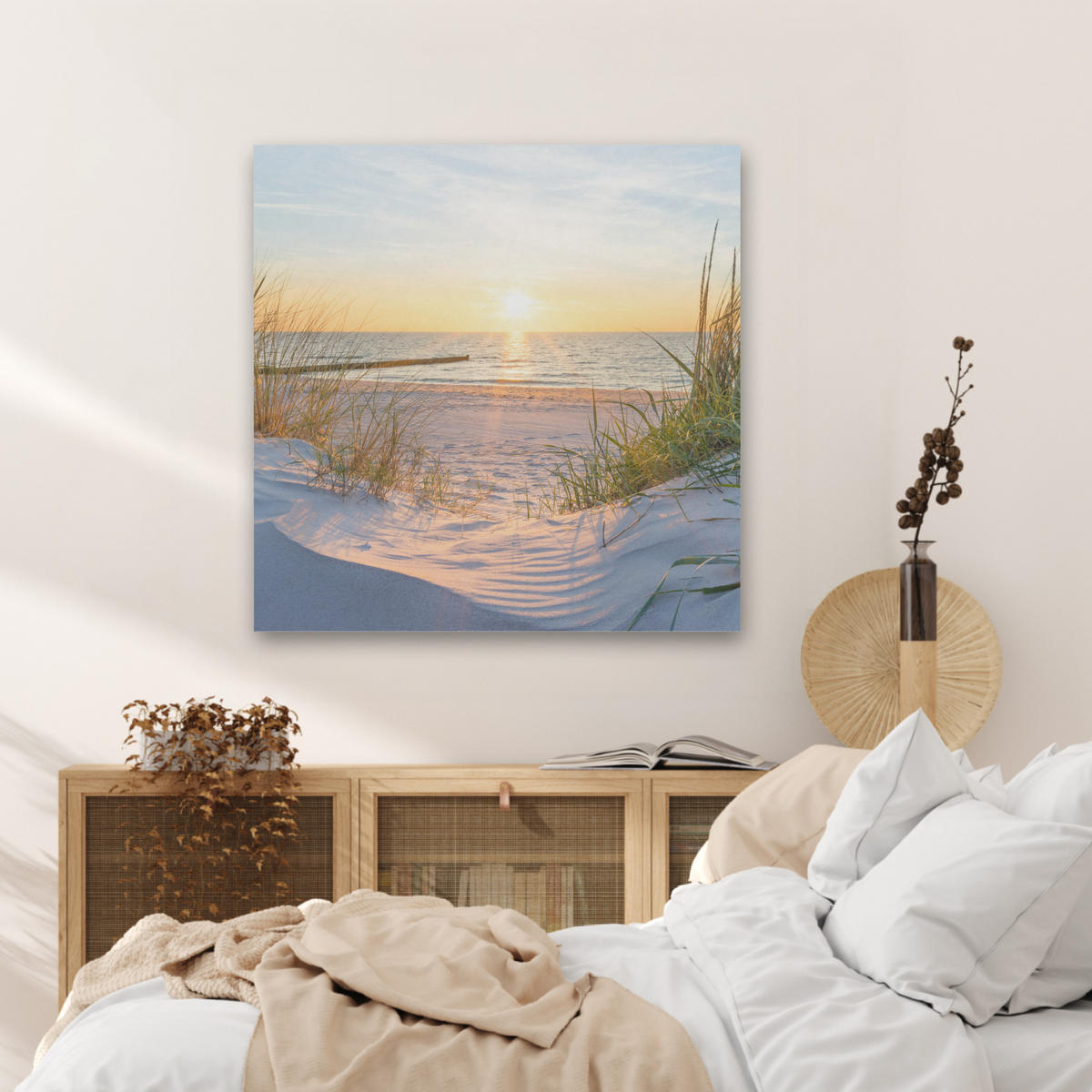 AKUSTIKBILD Strand - Sonne - Düne - Gras - Sand - Horizont Akustikpaneele 80x80 cm - Hellblau, Kunststoff (80/80/0.9cm) - MuchoWow