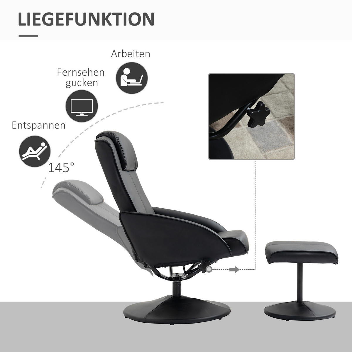 RELAXSESSEL Sessel Fernsehsessel mit Fußstütze Armsessel 360° drehbar Schwarz - Schwarz, Leder/Kunststoff (67/98/78cm) - HOMCOM