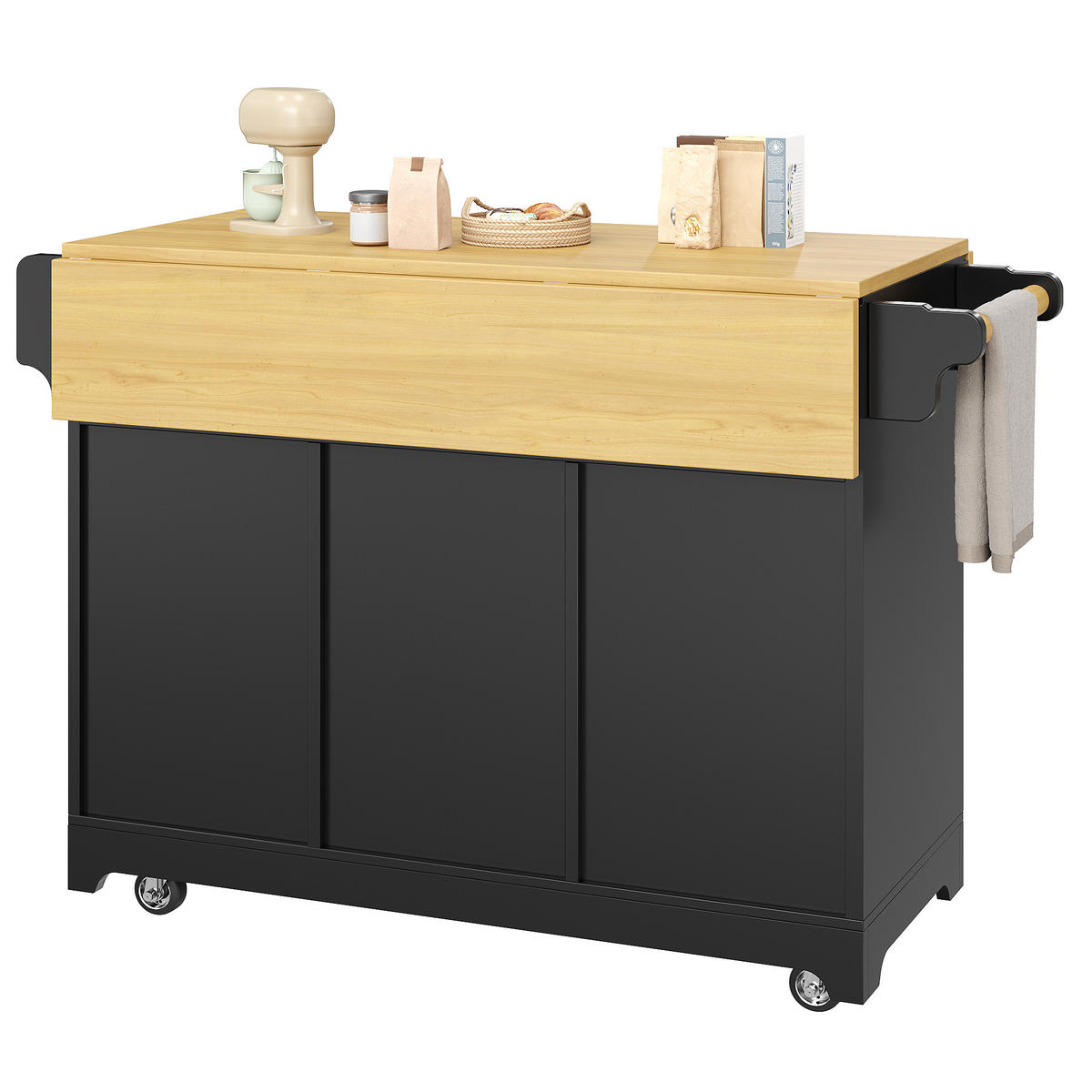 KÜCHENINSEL DE-38364 120/197 cm ausklappbar mit 3 Schubladen Schwarz - Schwarz, Holzwerkstoff (120/95/40cm) - ComfortXL