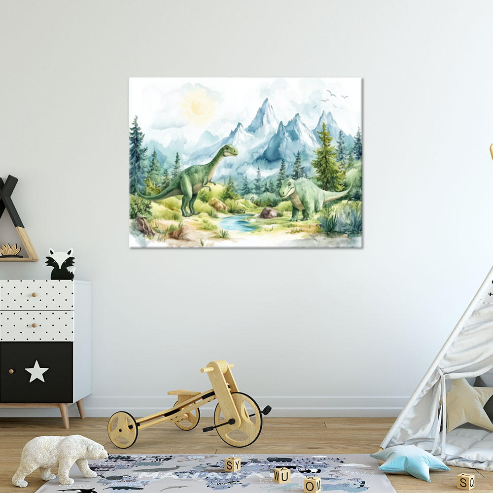 WANDBILD für kinder dinosaurier prähistorische reptilien grüne landschaft - Grün, Textil (90/60cm) - Feeby