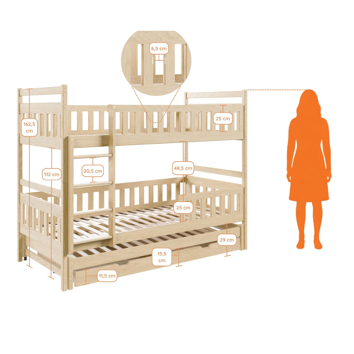 ETAGENBETT mit drei Matratzen Schubladen und Ausziehbett 90x200 in natur - Naturfarben, Holz (90/200cm) - Kids Collective