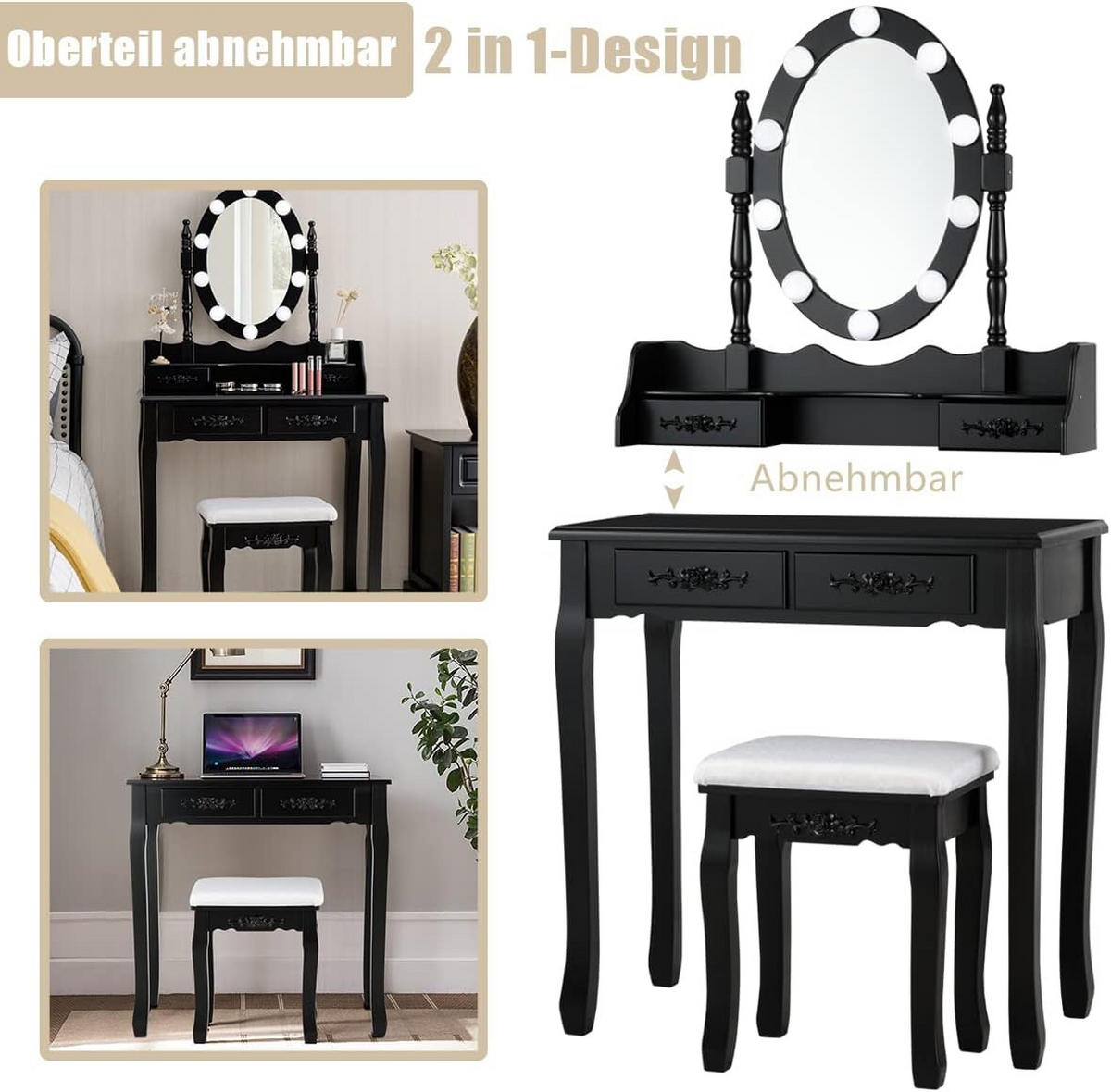 SCHMINKTISCH set mit 10 LED-Leuchten Schwarz - Schwarz, Holz (40/145/75cm) - COSTWAY