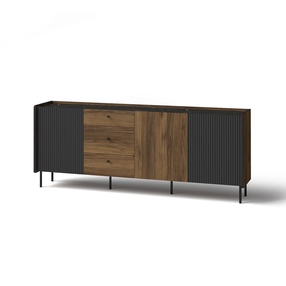 KOMMODE Piano mit 3 Türen und 3 Schubladen, Mattschwarz + Warmia-Nussbaum - Dunkelbraun/Schwarz, Holzwerkstoff (200/79/40cm) - Beautysofa