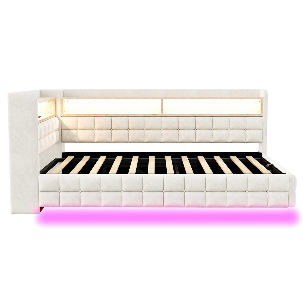 POLSTERBETT 90/200 cm mit LED-Beleuchtung, USB-, Typ-C-Anschluss, Steckdose, Bettkasten und Holzregalen, Samt Beige - Beige, Textil (90/200cm) - Redom