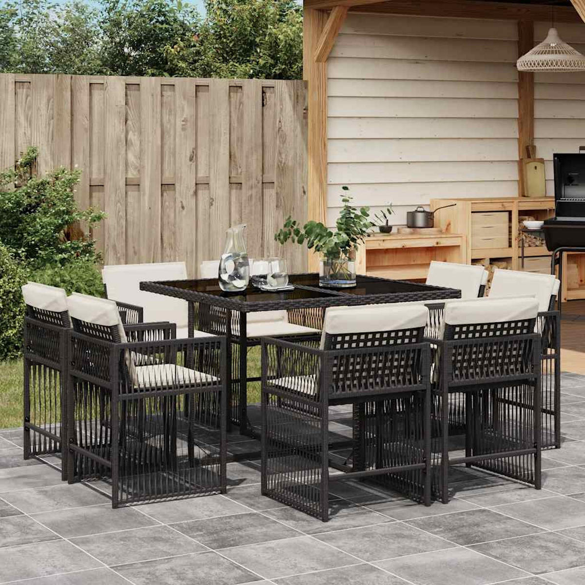 GARTEN-ESSGRUPPE 9-TLG.Mit Kissen Schwarz Poly Rattan - Creme/Schwarz, Kunststoff - vidaXL