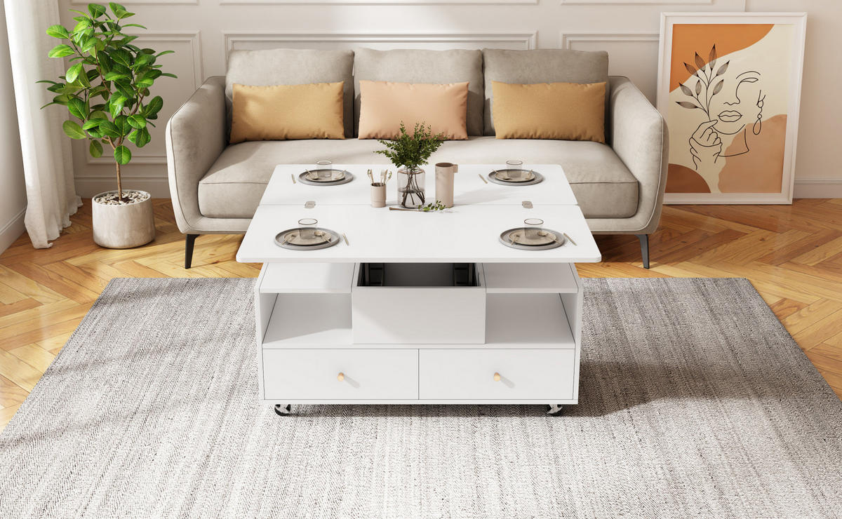 COUCHTISCH höhenverstellbar, klappbar mit 4 Schubladen, MDF, 100/50/47,5–62 cm, Weiß - Weiß, Holzwerkstoff (100/50/47.5cm) - Redom